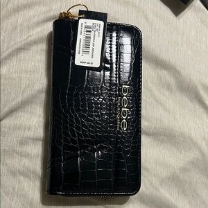 Bebe Glossy Black Croc-Embossed Clutch